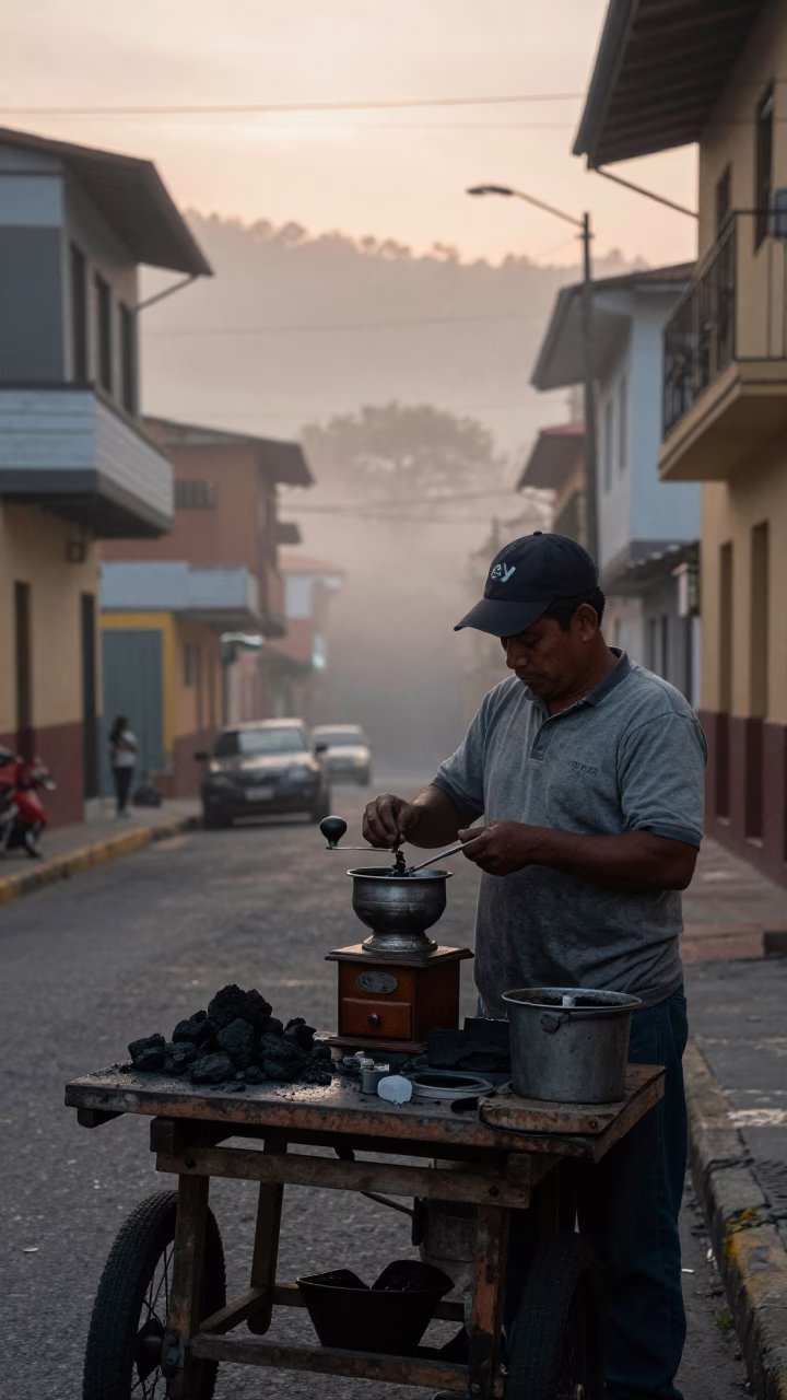 Dawn Street Scene in Medellin Colombia with Coffee Grinder and Charcoal Stick in in Medellin, Colombia