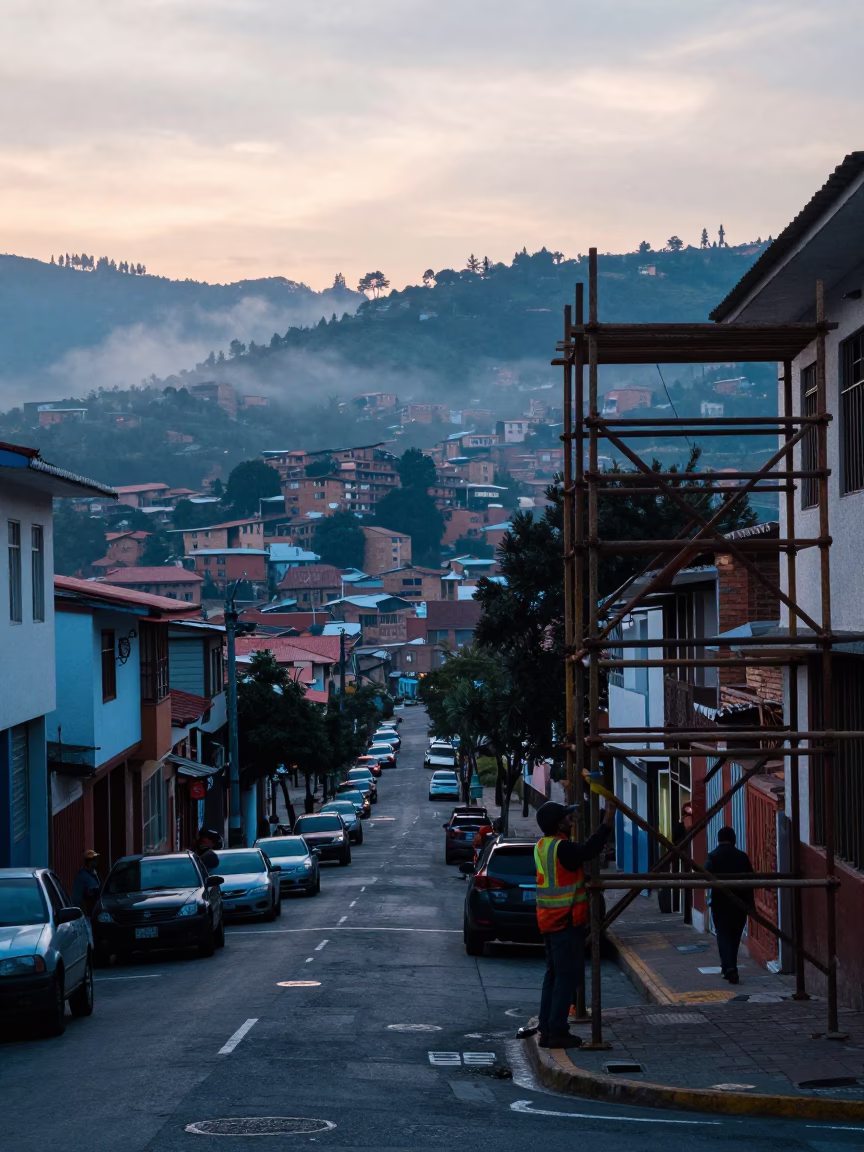 Dawn Street Scene in Medellin Colombia with Scaffolding and Local Morning Activity in in Medellin, Colombia