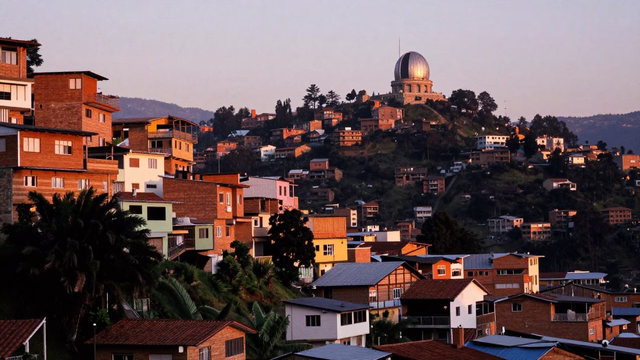 Dawn Street Scene in Medellin Colombia with Stone Observatory Hilltop View and Vintage Biplane in in Medellin, Colombia