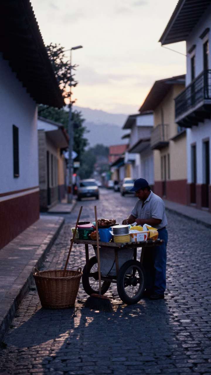 Dawn Street Scene in Medellin Colombia with Wicker Basket and Broom in in Medellin, Colombia