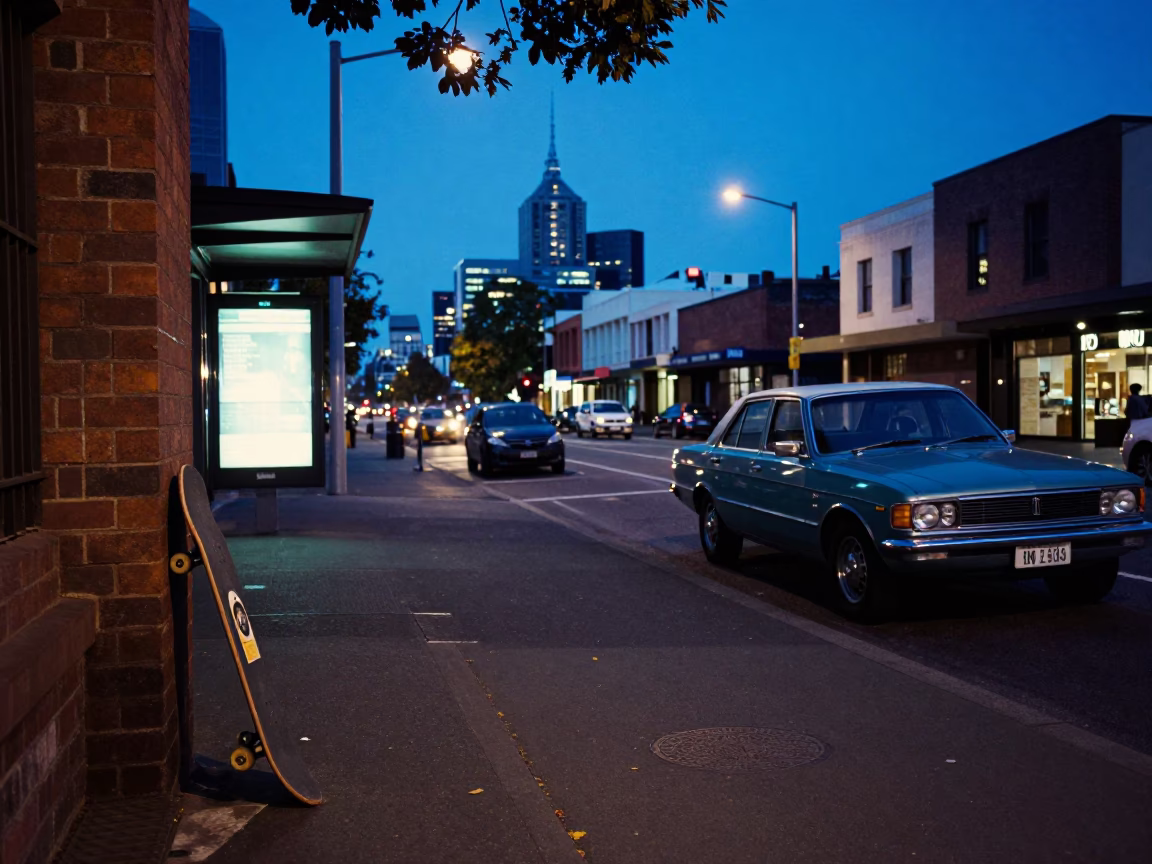 Dawn Street Scene in Melbourne Victoria Australia with Skateboard and Vintage Car Rally Preparation in in Melbourne, Victoria, Australia