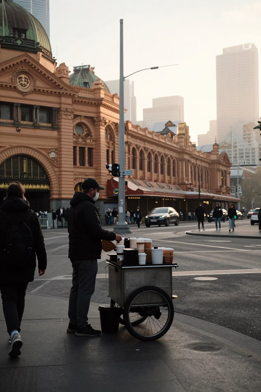 Dawn Street Scene in Melbourne Victoria with Coffee Vendor and Commuters in in Melbourne, Victoria, Australia