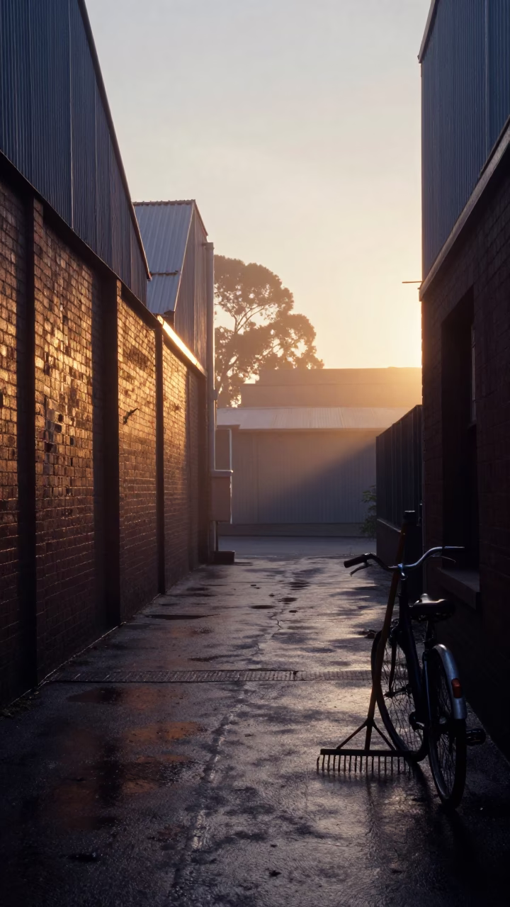 Dawn street scene in Melbourne with garden rake and bicycle near laneway in in Melbourne, Victoria, Australia
