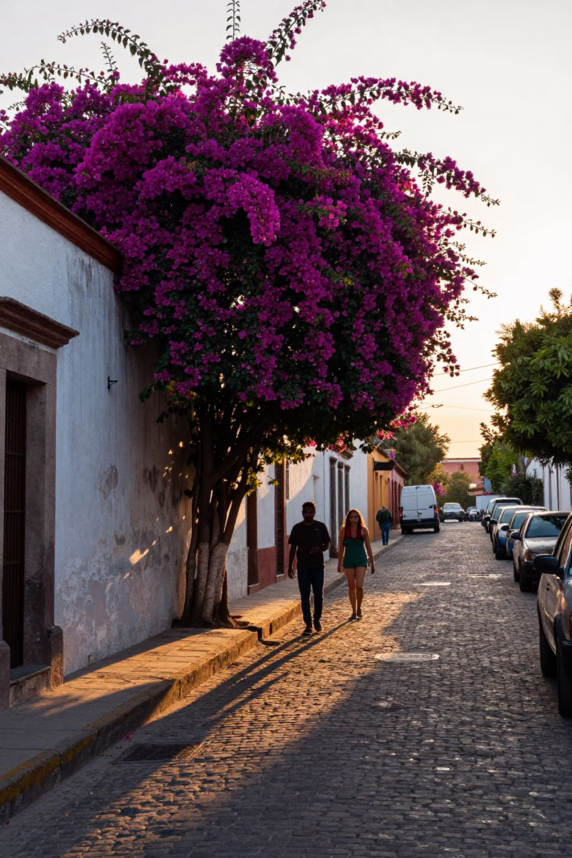 Dawn Street Scene in Mexico City with Bougainvillea and Morning Activity in in Mexico City, Mexico