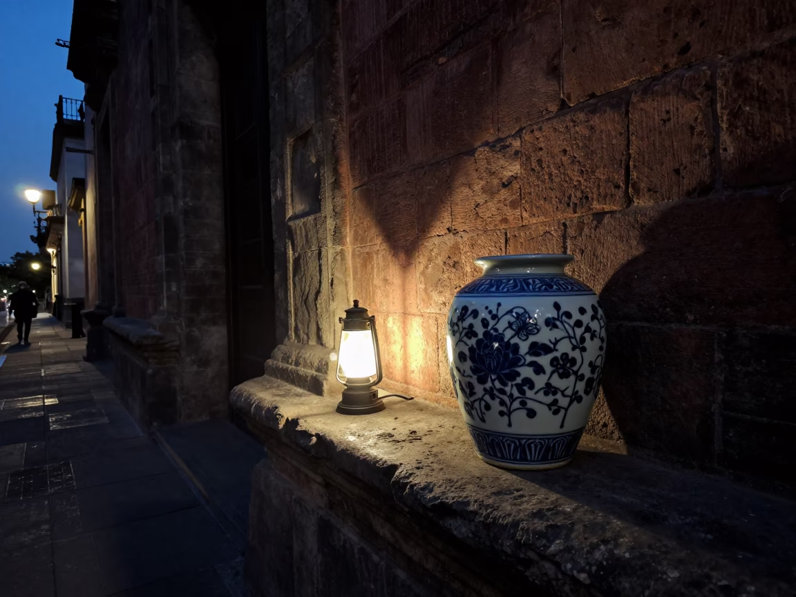 Dawn Street Scene in Mexico City with Nightlight and Porcelain Jar on Cobblestone in in Mexico City, Mexico
