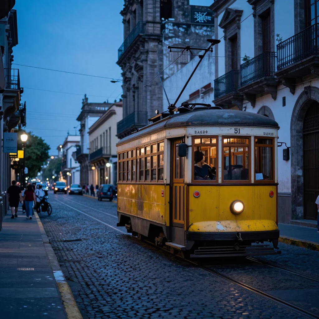 Dawn Street Scene in Mexico City with Vintage Tram and Cobblestones in in Mexico City, Mexico