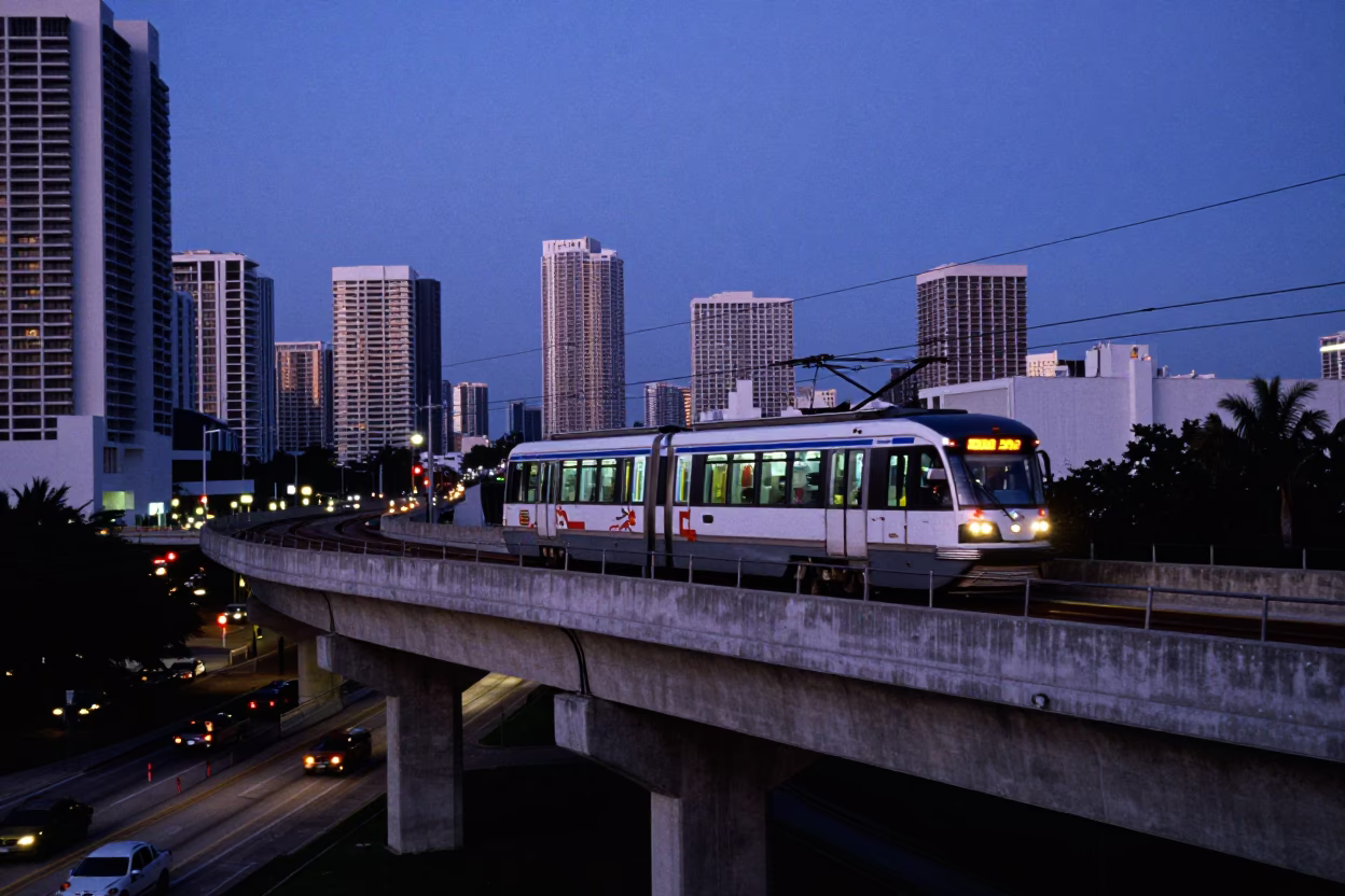 Dawn Street Scene in Miami Florida with Concrete Viaduct and Tramcar in in Miami, Florida, United States