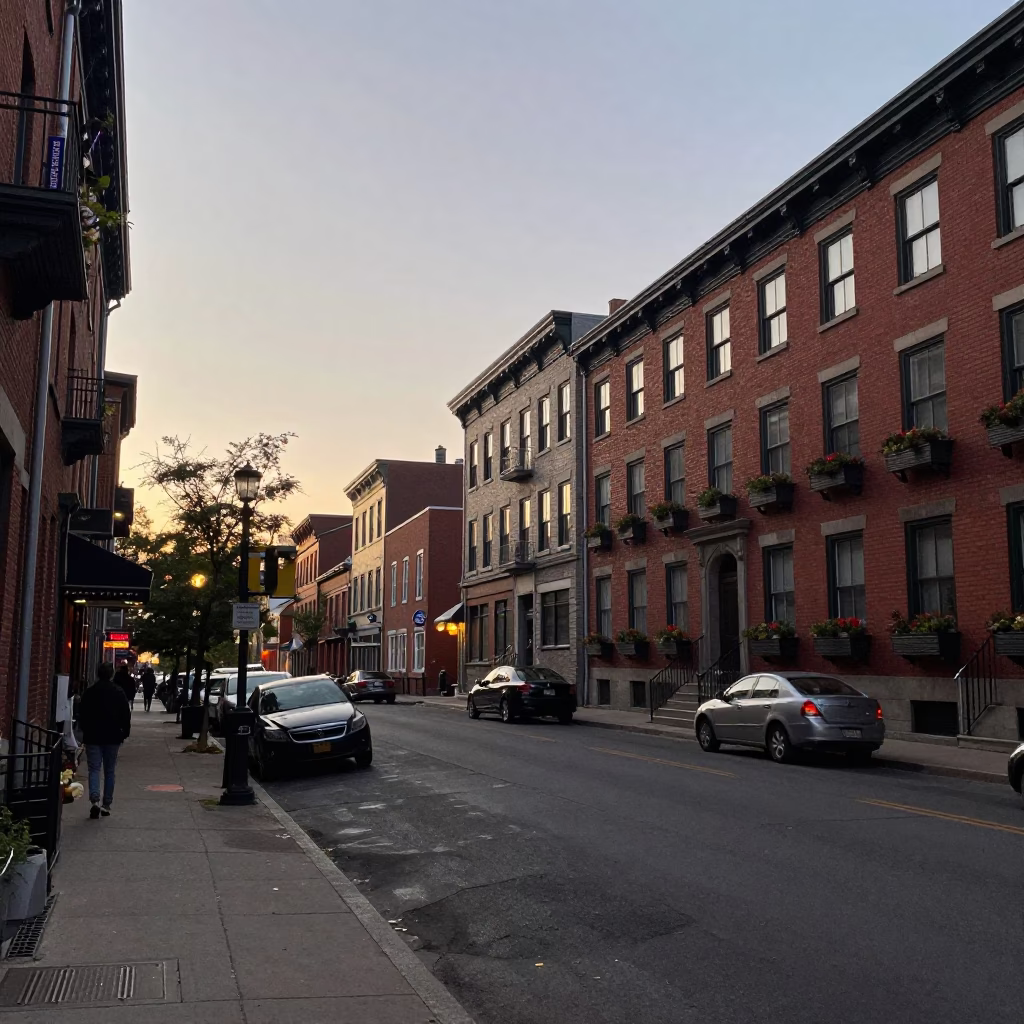 Dawn Street Scene in Montreal Quebec with Window Boxes and Urban Architecture in in Montreal, Quebec, Canada