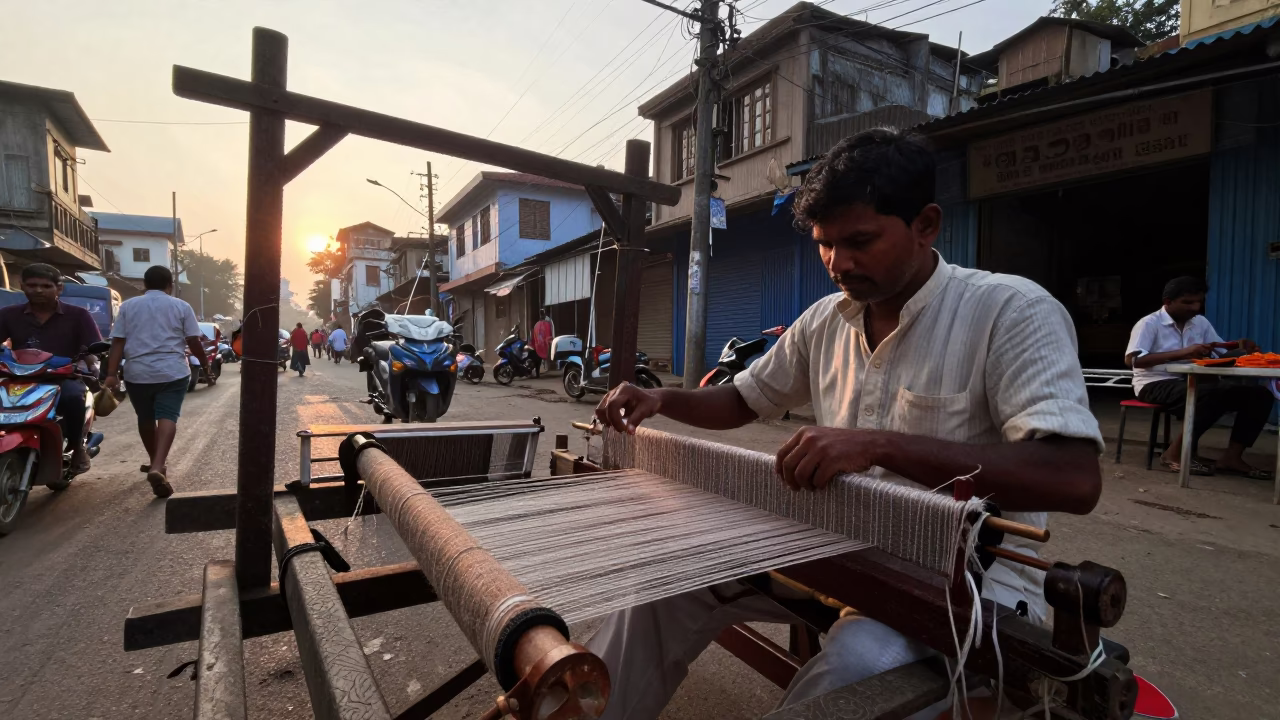 Dawn Street Scene in Mumbai India with Vintage Loom and Local Interaction in in Mumbai, India