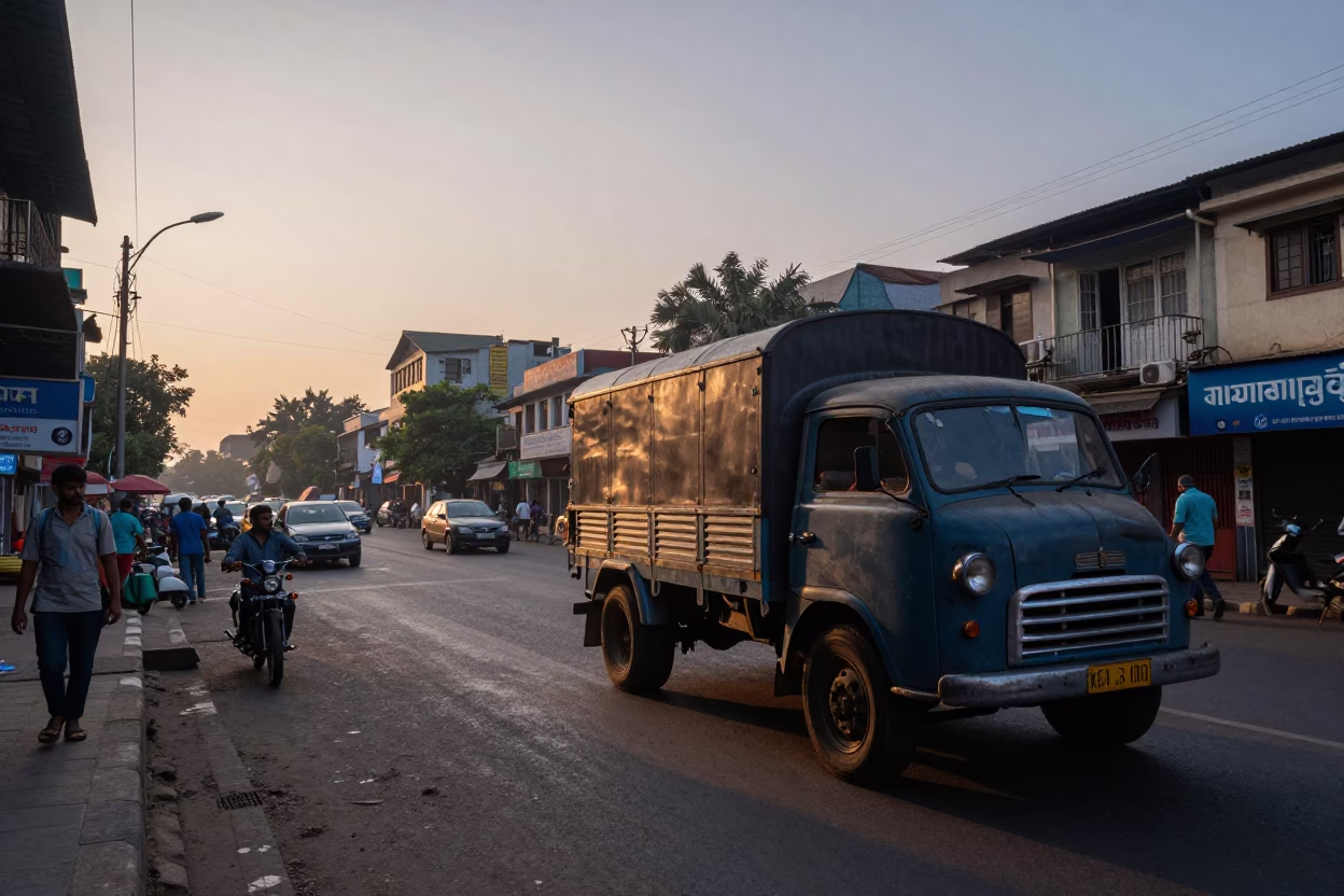 Dawn Street Scene in Mumbai India with Vintage Truck and Local Market Activity in in Mumbai, India