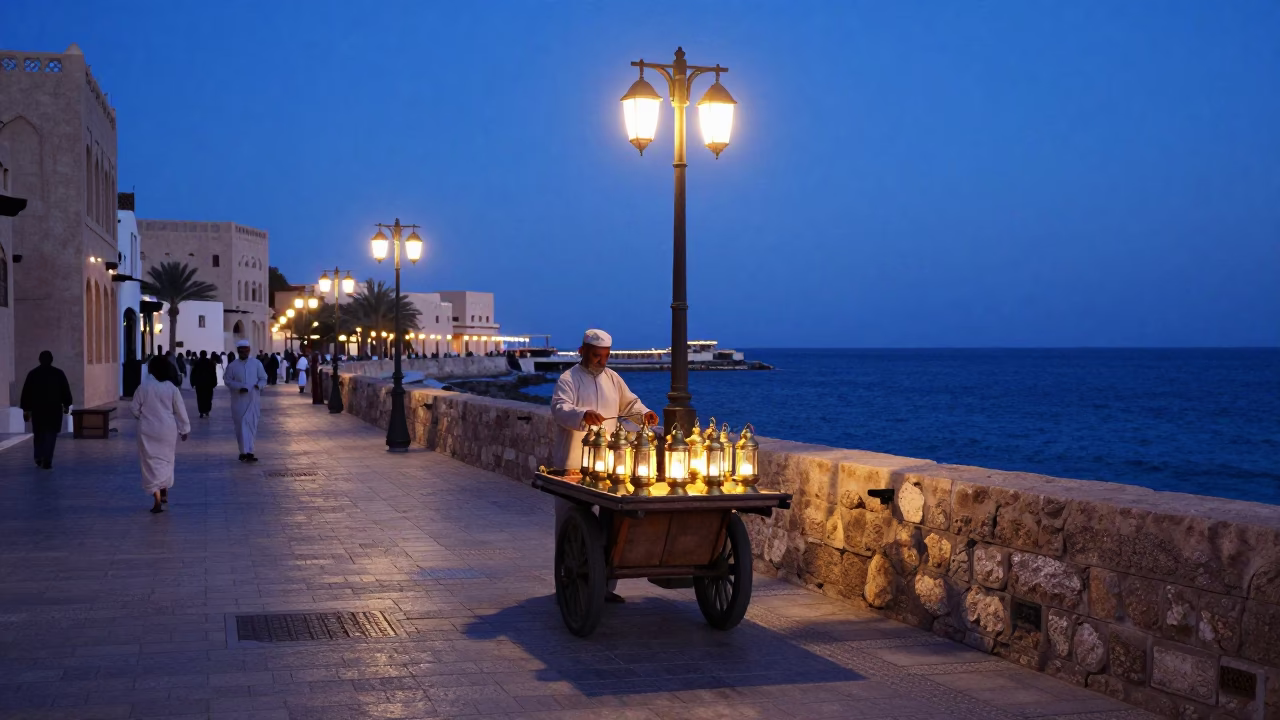 Dawn Street Scene in Muscat Oman with Traditional Lantern and Coastal Architecture in in Muscat, Oman