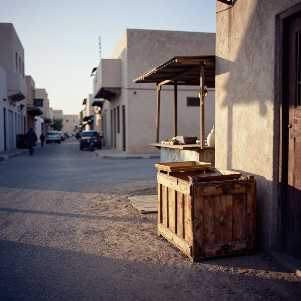 Dawn Street Scene in Muscat Oman with Wooden Crate and Tray of Spring Rolls in in Muscat, Oman