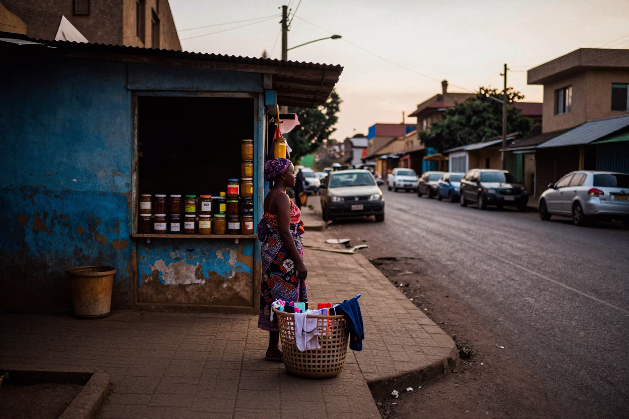 Dawn street scene in Nairobi Kenya with laundry basket and local commerce before sunrise in in Nairobi, Kenya
