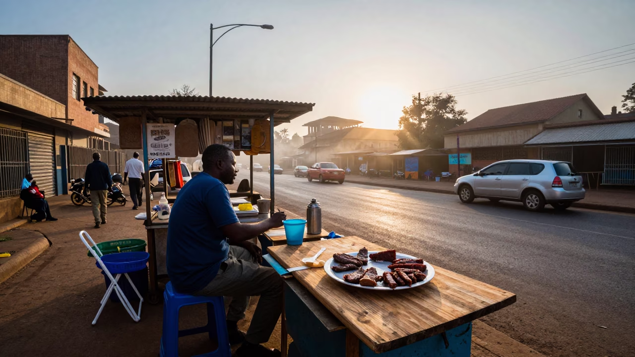 Dawn Street Scene in Nairobi Kenya with Nyama Choma and Folding Chair in in Nairobi, Kenya