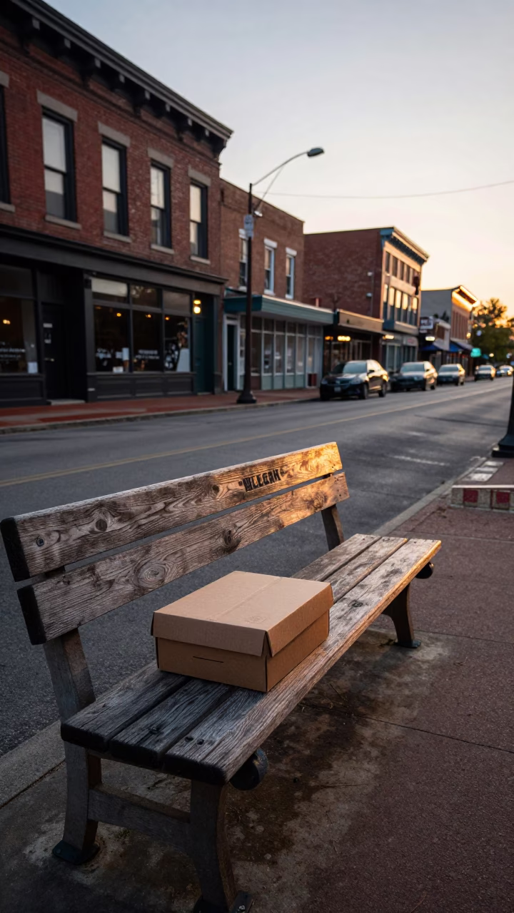 Dawn Street Scene in Nashville Tennessee with Shoebox and Dusty Bench in in Nashville, Tennessee, United States