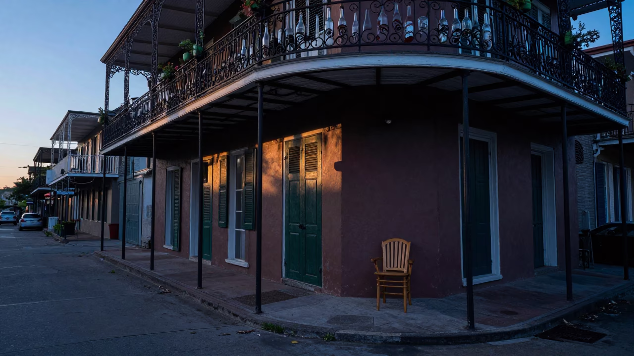 Dawn Street Scene in New Orleans Louisiana with Vintage Glass Bottles and Empty Chair in in New Orleans, Louisiana, United States