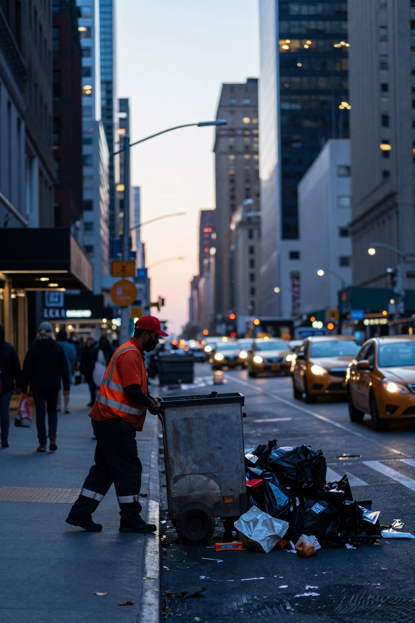 Dawn Street Scene in New York City with Urban Trash and Early Morning Activity in in New York, New York, United States