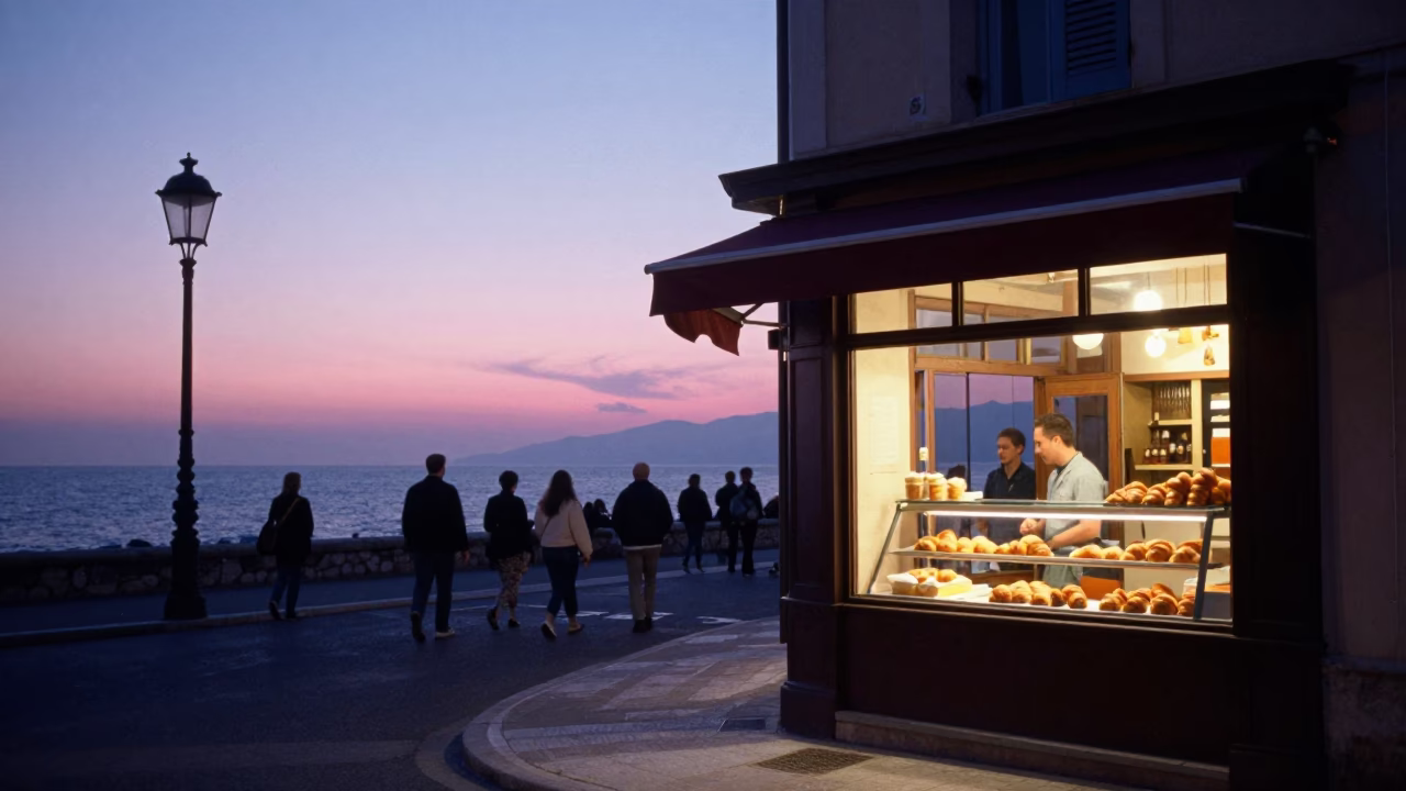 Dawn Street Scene in Nice France with Local Bakery and Morning Commuters in in Nice, France