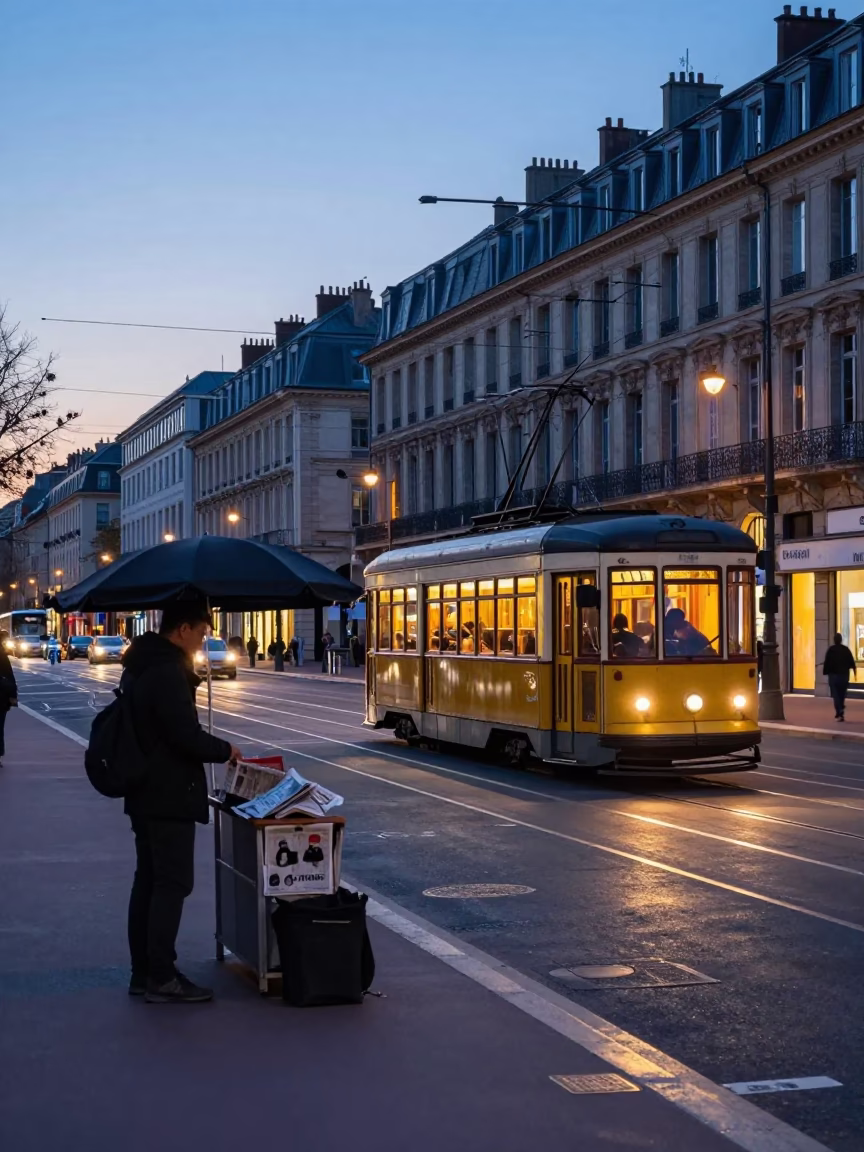 Dawn Street Scene in Nice France with Tram and Newspaper Vendor in in Nice, France
