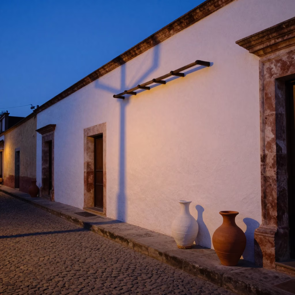 Dawn Street Scene in Oaxaca Mexico with Clay Pots and Plaster Shadows in in Oaxaca, Mexico