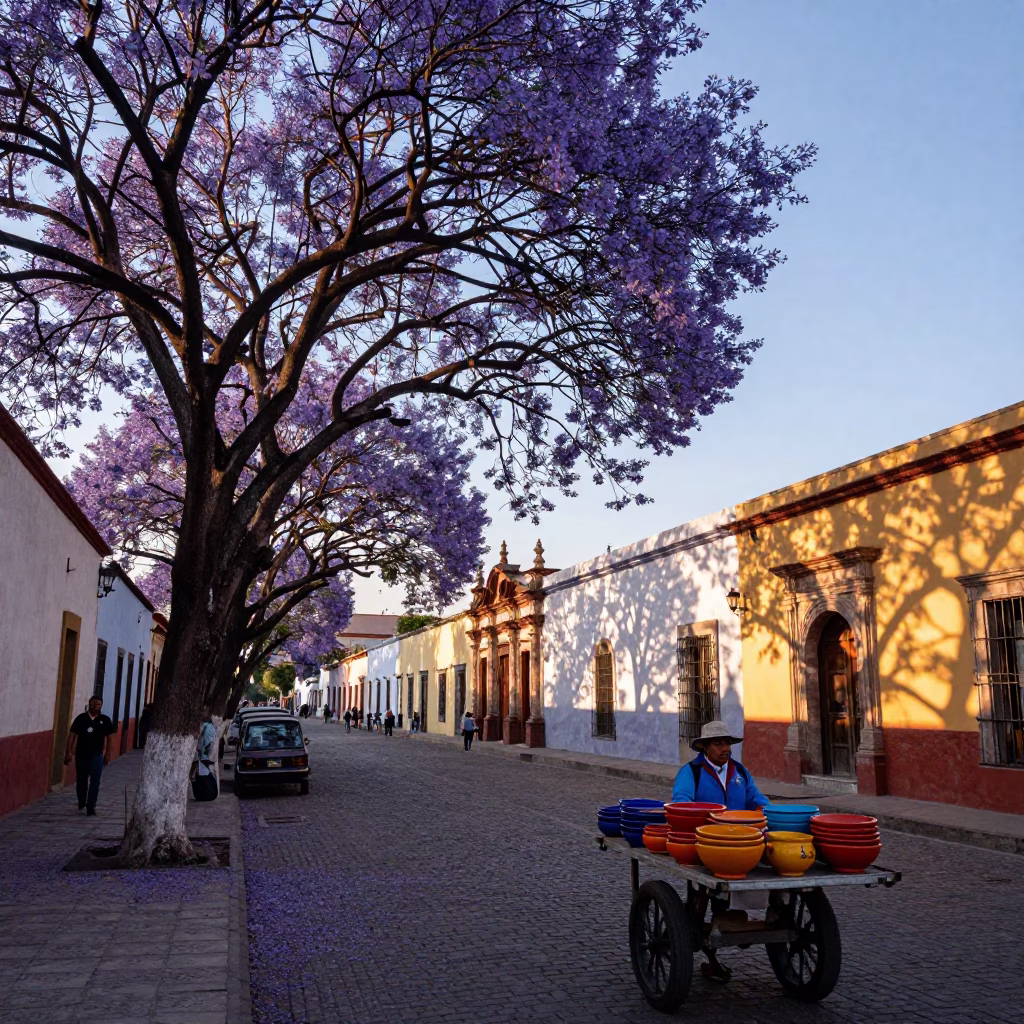 Dawn Street Scene in Oaxaca Mexico with Jacaranda Bloom and Local Market Activity in in Oaxaca, Mexico