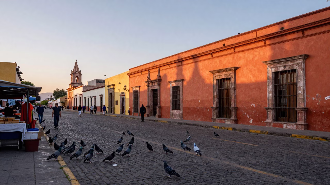 Dawn street scene in Oaxaca Mexico with pigeons and local market vendor in in Oaxaca, Mexico