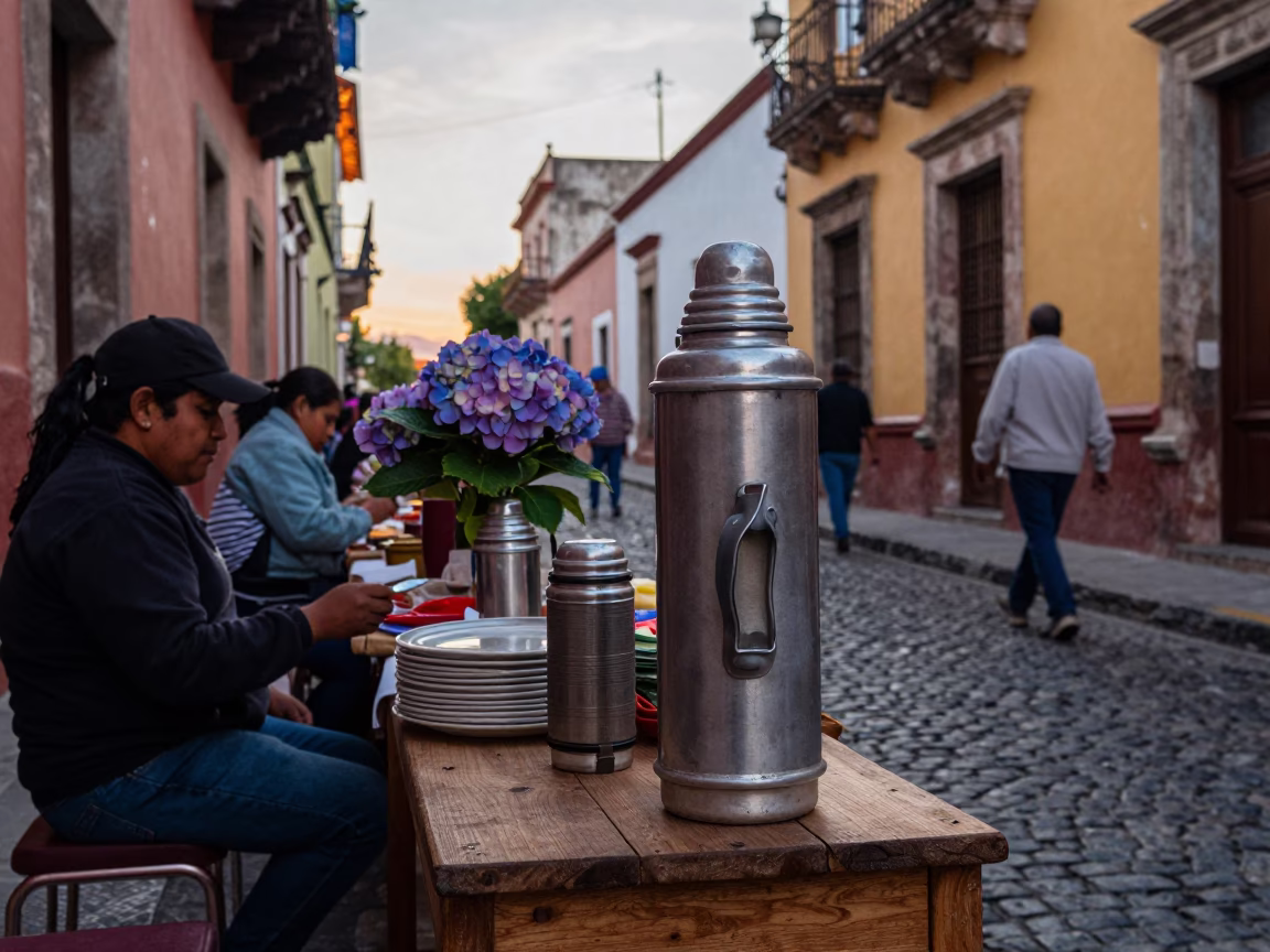 Dawn Street Scene in Oaxaca Mexico with Vintage Thermos and Hydrangea Bush in in Oaxaca, Mexico