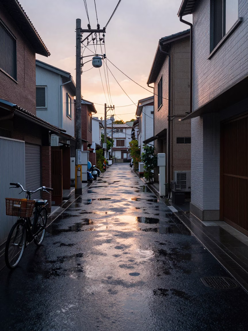 Dawn street scene in Osaka Japan with bicycle basket and rain puddles in in Osaka, Japan