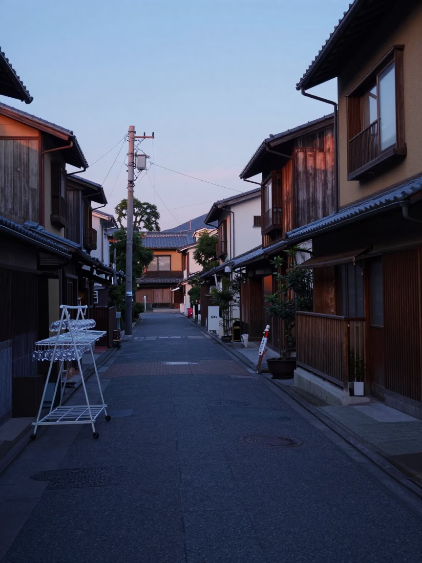 Dawn Street Scene in Osaka Japan with Drying Rack and Glass Tumbler in in Osaka, Japan