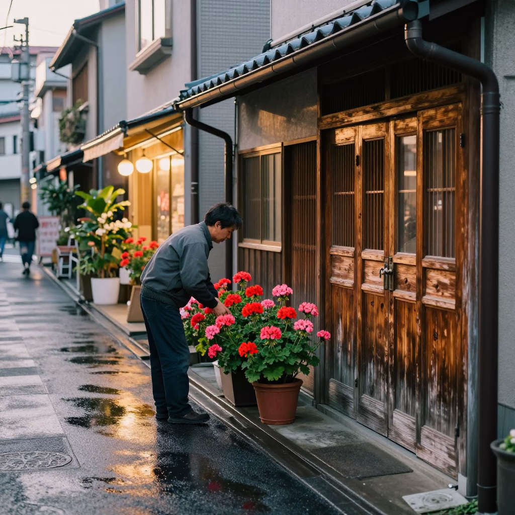 Dawn Street Scene in Osaka Japan with Geraniums and Urban Morning Activity in in Osaka, Japan