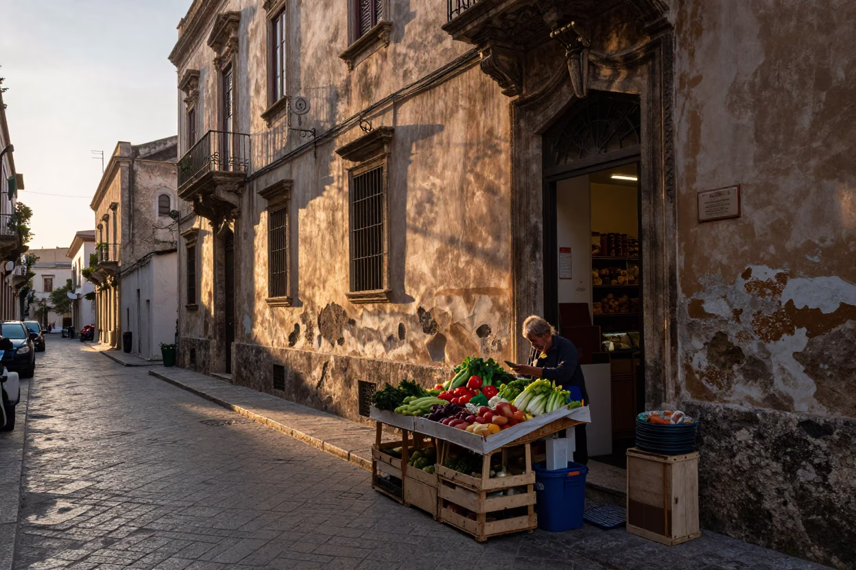 Dawn Street Scene in Palermo Italy with Carafe and Local Market Life in in Palermo, Italy
