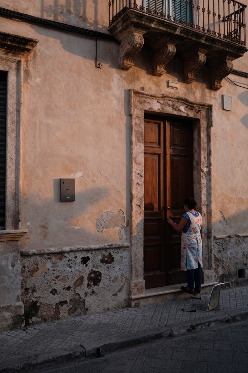 Dawn Street Scene in Palermo Italy with Nickel Latch and Morning Light in in Palermo, Italy