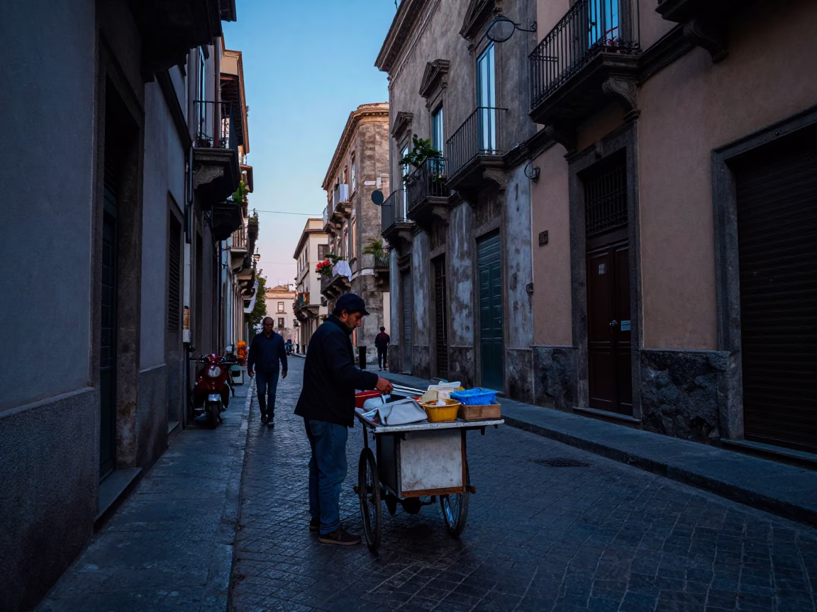 Dawn Street Scene in Palermo Italy with Vendor Cart and Early Morning Activity in in Palermo, Italy