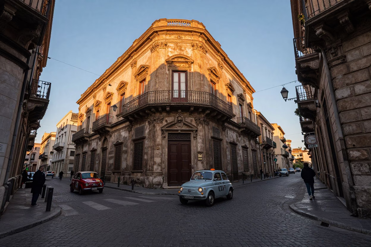 Dawn Street Scene in Palermo Italy with Vintage Car Rally and Local Morning Activity in in Palermo, Italy