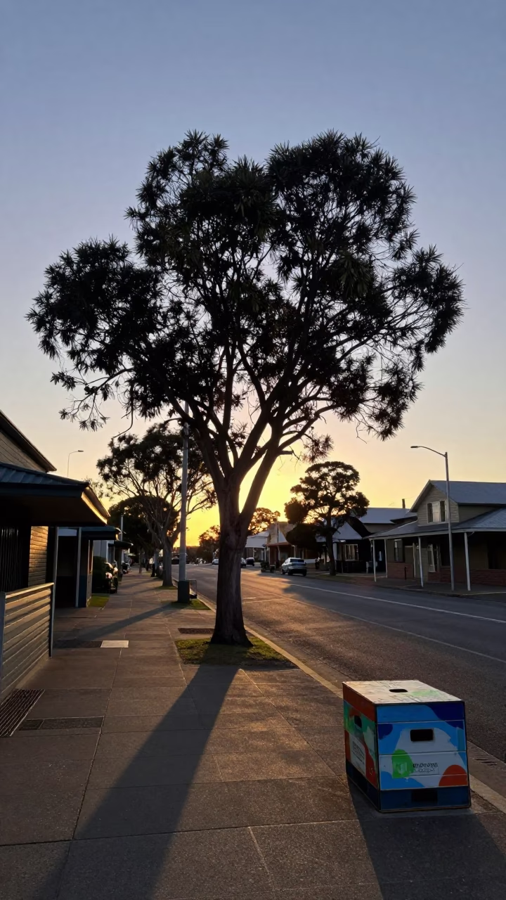 Dawn street scene in Perth Western Australia with tree and painted crate in in Perth, Western Australia, Australia