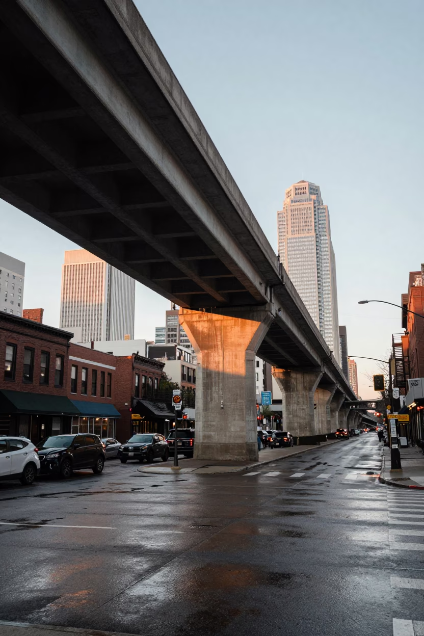 Dawn Street Scene in Philadelphia Pennsylvania with Concrete Viaduct and Local Activity in in Philadelphia, Pennsylvania, United States