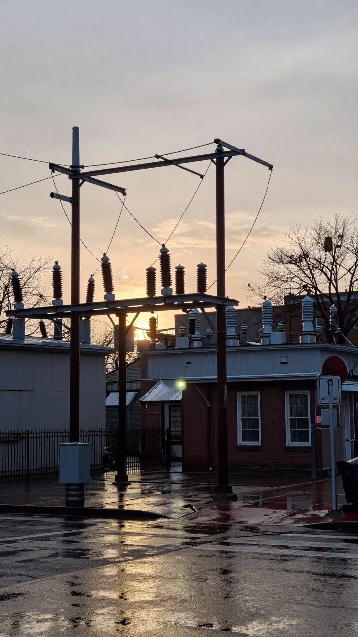Dawn Street Scene in Philadelphia Pennsylvania with Substation Insulators Sparkling Under Floodlights in in Philadelphia, Pennsylvania, United States
