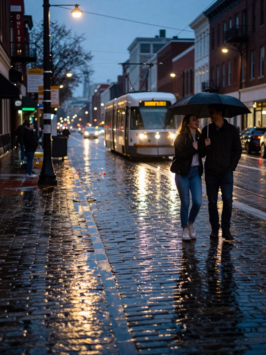 Dawn Street Scene in Philadelphia Pennsylvania with Tramcar Reflections and Cobblestone Rain in in Philadelphia, Pennsylvania, United States