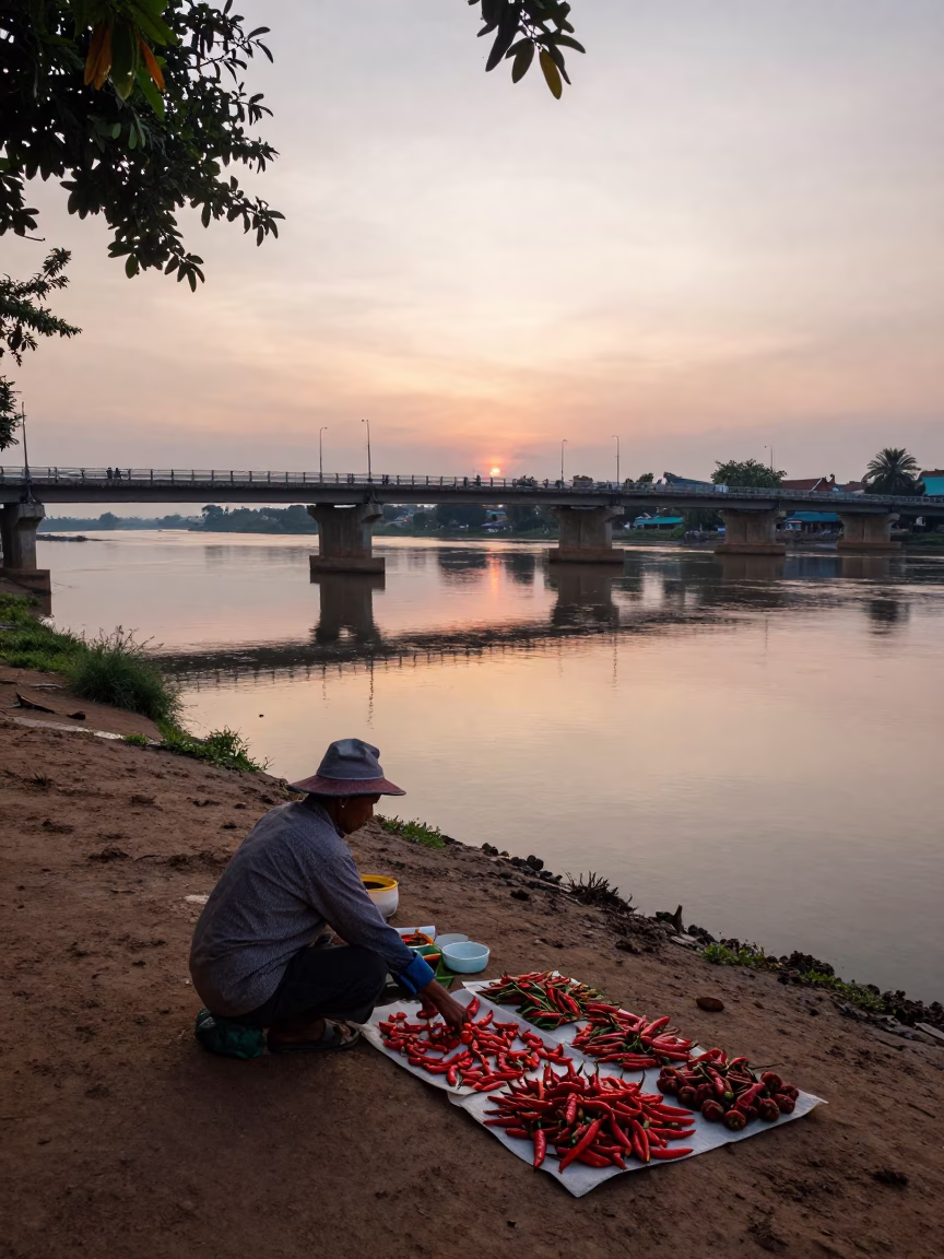 Dawn Street Scene in Phnom Penh Cambodia with Bridge Pier and Local Morning Commerce in in Phnom Penh, Cambodia