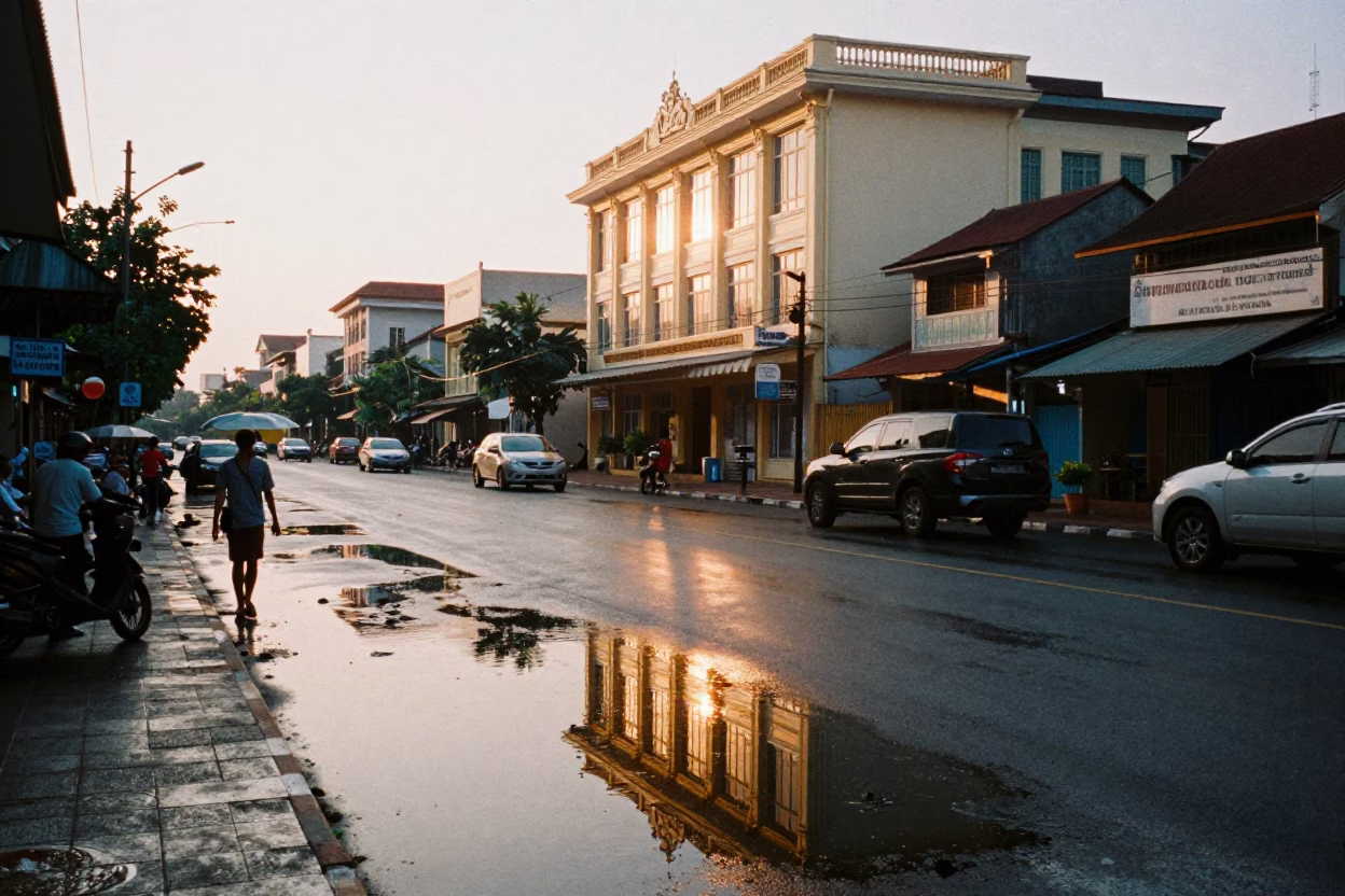 Dawn Street Scene in Phnom Penh Cambodia with Reflections and Morning Activity in in Phnom Penh, Cambodia