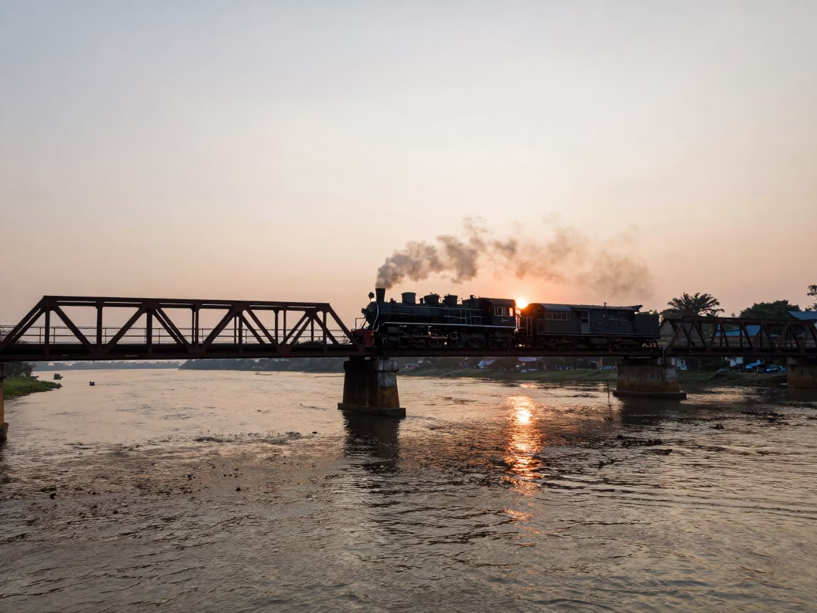 Dawn street scene in Phnom Penh Cambodia with steam locomotive and river in in Phnom Penh, Cambodia