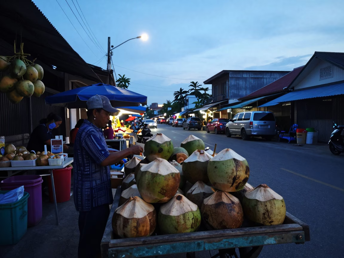 Dawn Street Scene in Phuket Thailand with Coconuts and Local Market Activity in in Phuket, Thailand