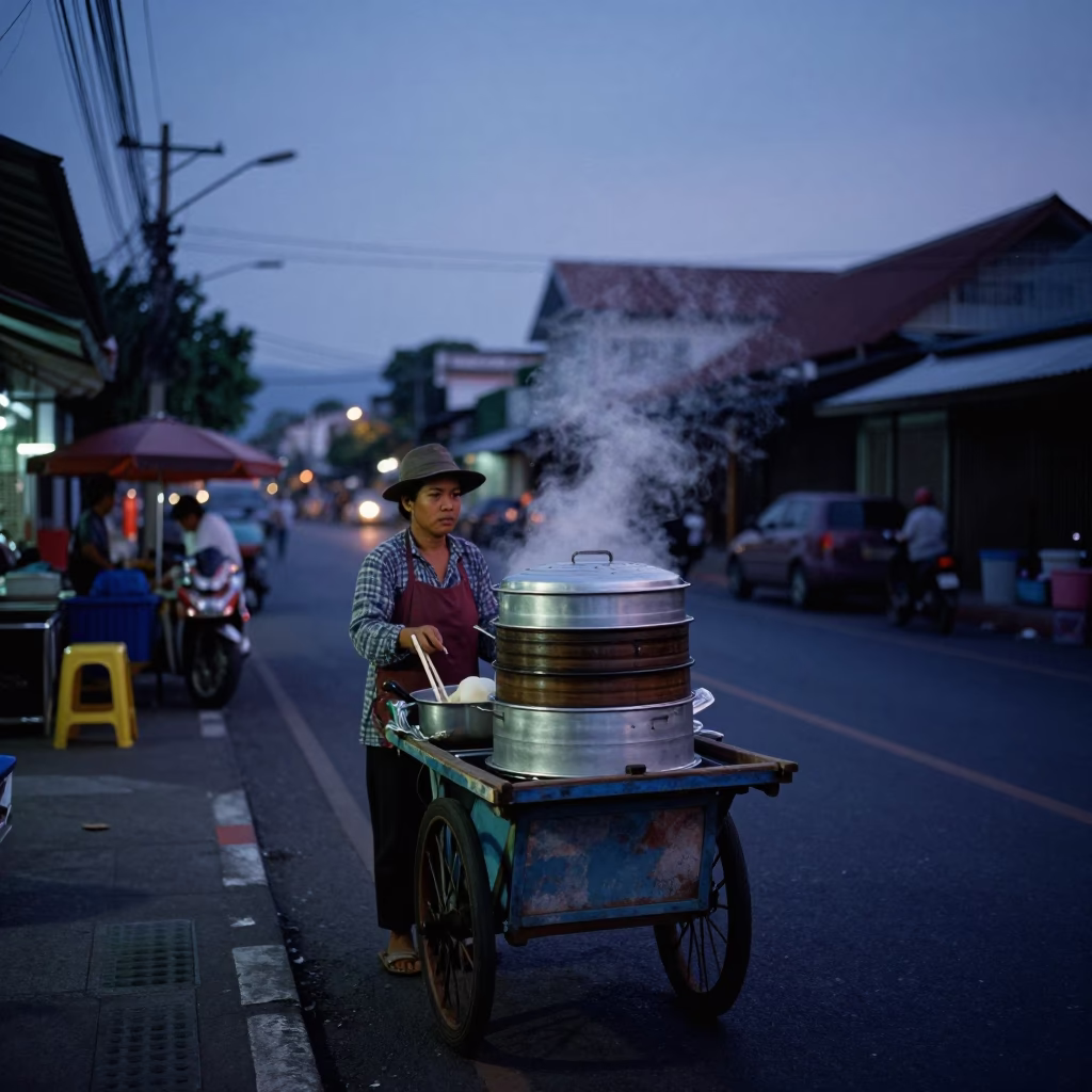 Dawn Street Scene in Phuket Thailand with Local Vendor and Morning Light in in Phuket, Thailand