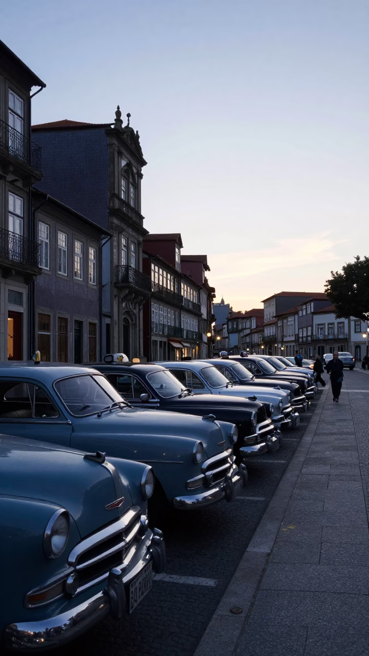 Dawn Street Scene in Porto Portugal with Taxi Rank and Historic Architecture in in Porto, Portugal