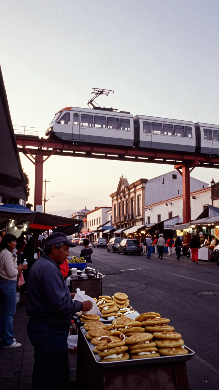 Dawn Street Scene in Quito Ecuador with Monorail and Local Market Activity in in Quito, Ecuador