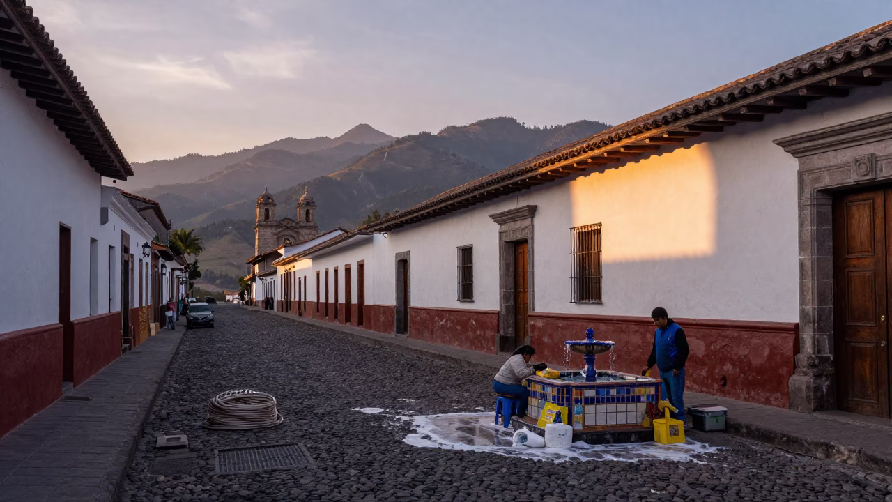 Dawn Street Scene in Quito Ecuador with Soap Residue and Coiled Rope in in Quito, Ecuador