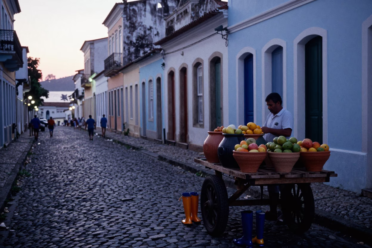 Dawn Street Scene in Salvador Brazil with Rain Boots and Stoneware Crocks in in Salvador, Brazil
