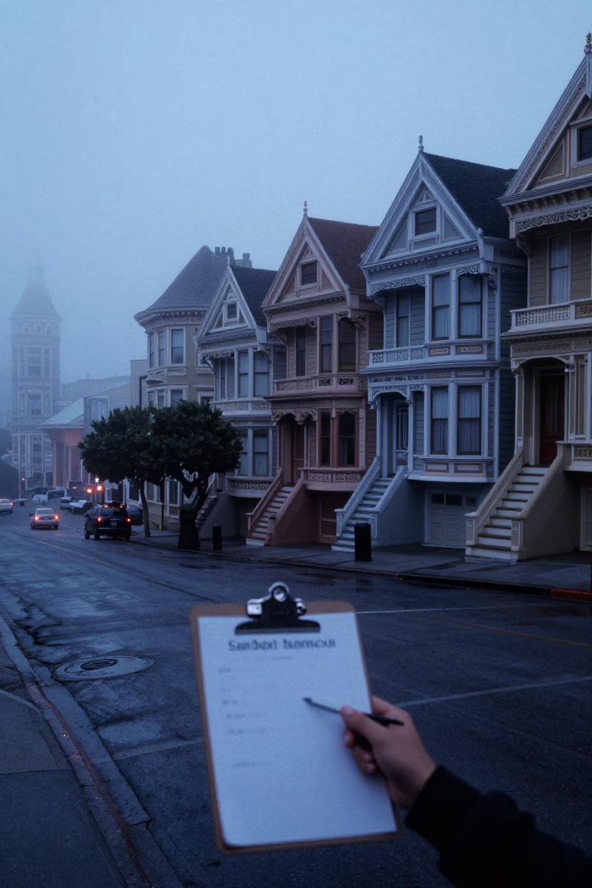 Dawn Street Scene in San Francisco Before Sunrise with Clipboard and Bench in in San Francisco, California, United States