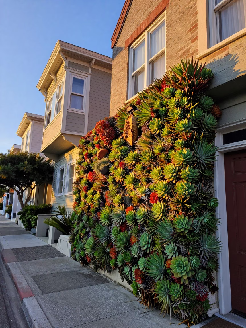 Dawn Street Scene in San Francisco with Succulent Wall and Vintage Vespa in in San Francisco, California, United States