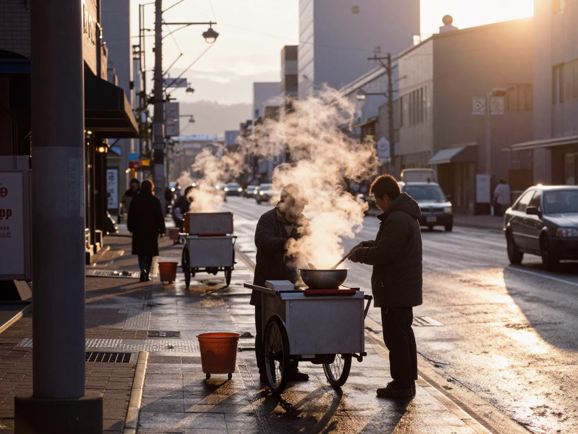 Dawn Street Scene in Sapporo Japan with Steam and Early Morning Activity in in Sapporo, Japan